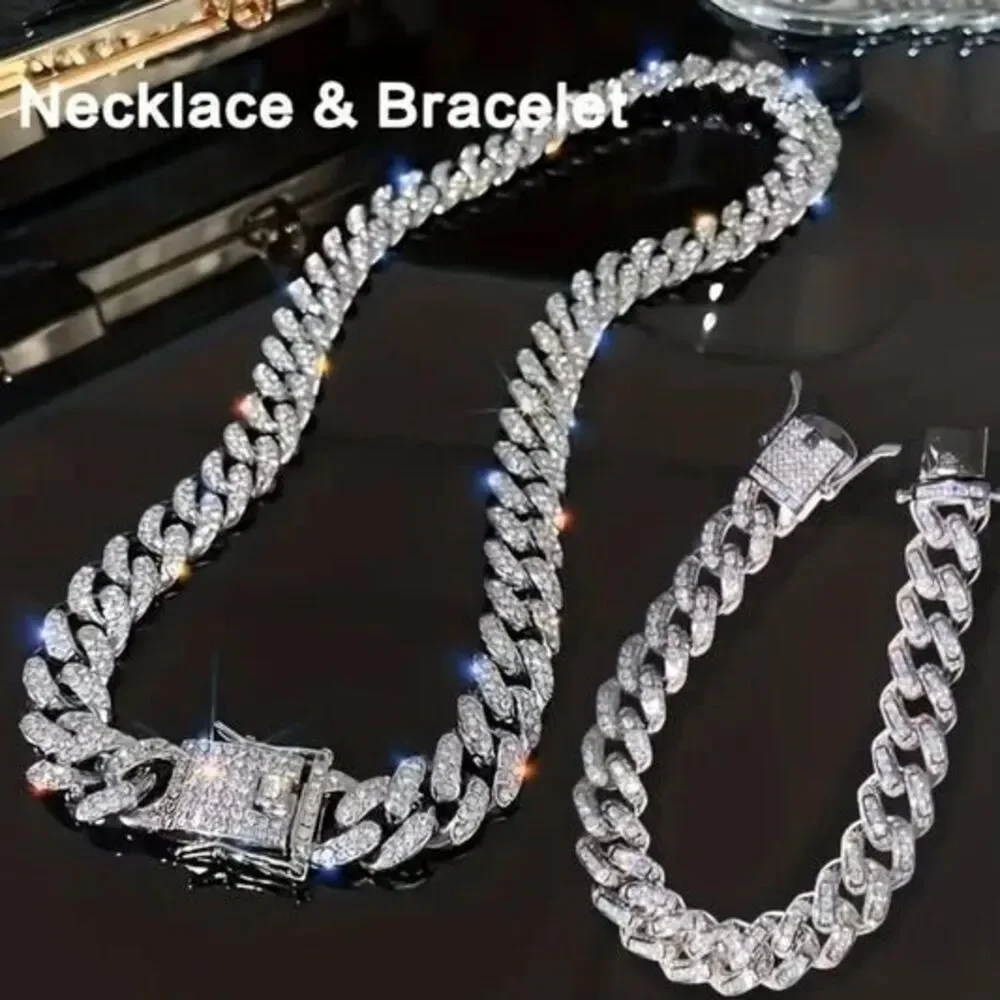 New 18k white gold filled Cuban link chain and bracelet set
